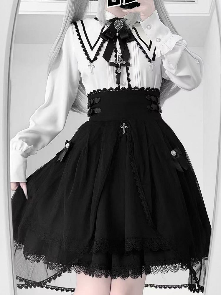 Lace Cross Kei Charm Contrast Long Gothic Pointed Blouse: Jirai Collar Sleeve White Black with