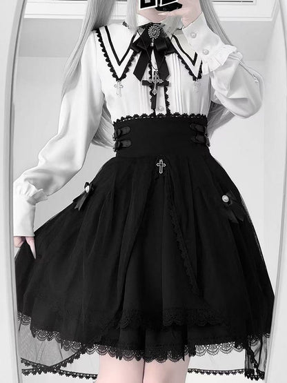 Lace Cross Kei Charm Contrast Long Gothic Pointed Blouse: Jirai Collar Sleeve White Black with