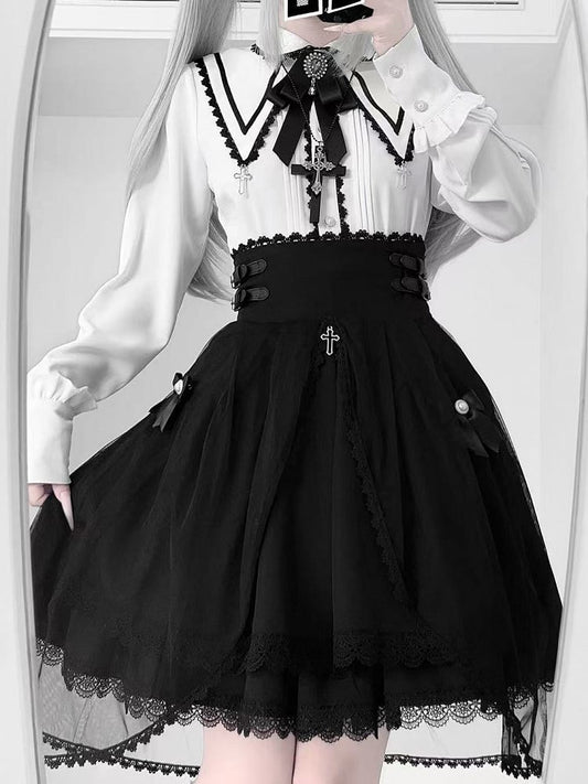 Lace Cross Kei Charm Contrast Long Gothic Pointed Blouse: Jirai Collar Sleeve White Black with