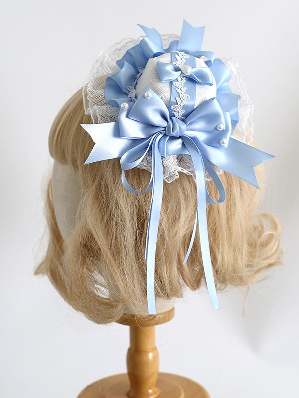 BlueWhite Clips Trim Lolita Decorated Details Sweet Lace Beaded Mini With Hat Bowknot