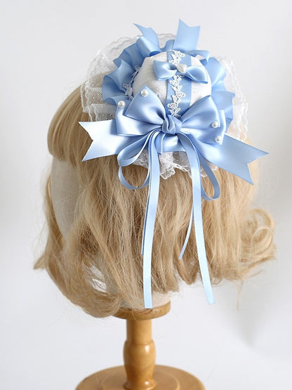 BlueWhite Clips Trim Lolita Decorated Details Sweet Lace Beaded Mini With Hat Bowknot