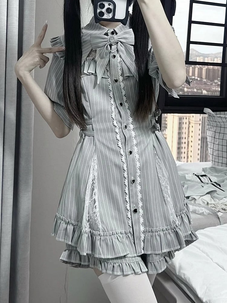 Jirai Striped Illusion Kei Shorts Neckline with Panels Dress Gray Set: Lace