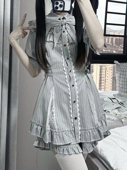 Jirai Striped Illusion Kei Shorts Neckline with Panels Dress Gray Set: Lace