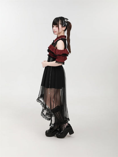 Double Kei Skirt Detachable Cross and Black with Buckles Chain Overlay Jirai Tulle