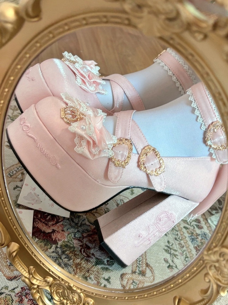 Snap Platform Detachable Chain Heel Heels Striped - Lolita Closure Pink Heart Charm Sweet Block Beaded Back Bows High