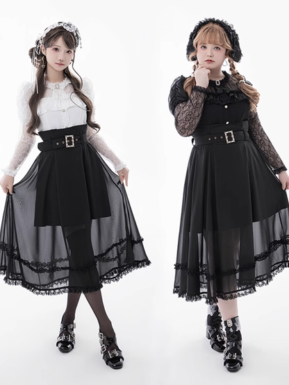 バックルベルト付きスカート ブラック ハイウエスト メッシュオーバーレイ