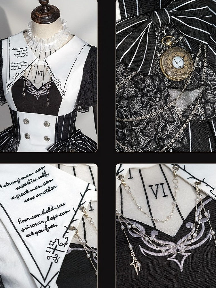 Chain+Pocket Chain+Detachable Collar Watch Embroidery+Waist Cross White Set Full Dress Striped with Nun Lolita Belt+Waist Black