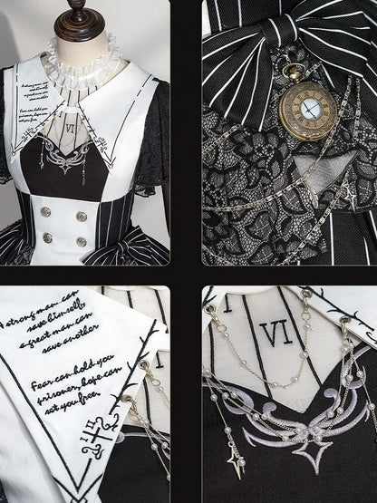 Chain+Pocket Chain+Detachable Collar Watch Embroidery+Waist Cross White Set Full Dress Striped with Nun Lolita Belt+Waist Black