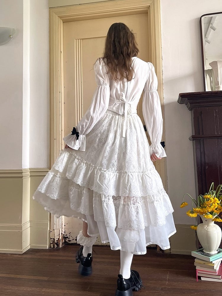 Skirt with Angel White Maxi Tiered Lace Embroidery and Bow Accents