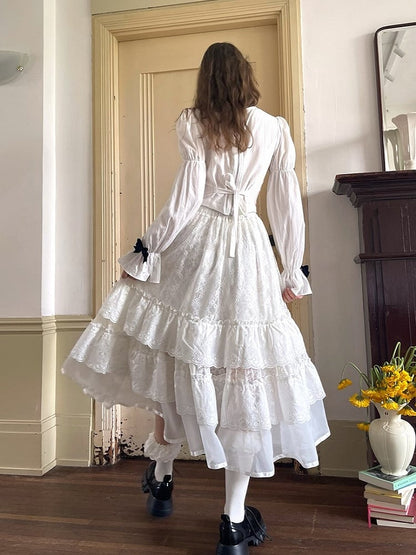 Skirt with Angel White Maxi Tiered Lace Embroidery and Bow Accents