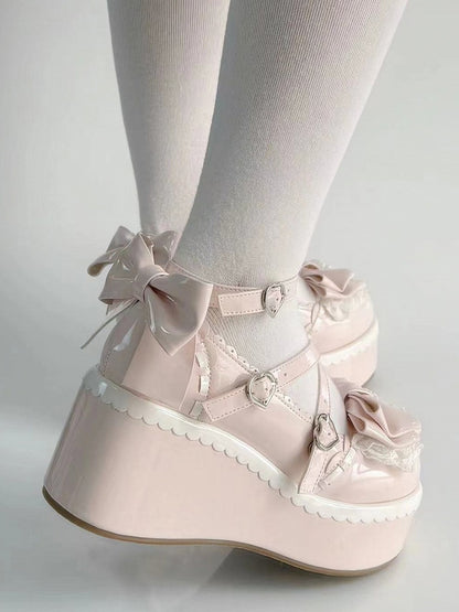 Lolita Platform Upper Lace Tiered Bow - Pink Top Mary with Janes