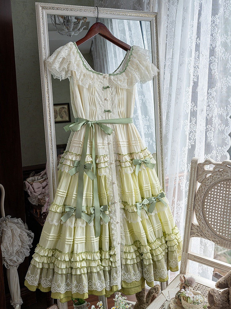 Dress Lolita Green Style Gradient House Square Neckline Pink