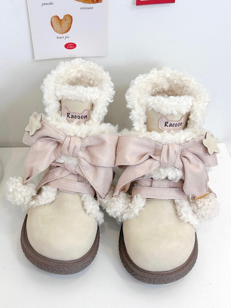 in Classic Decor Lolita Pink Bow Boots Lining Plush Lacing Sweet Beige with