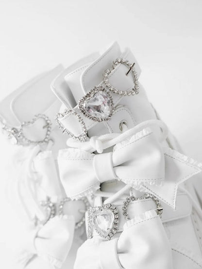 Ankle Lace-up Matte and White Jirai in Kei Buckles Sweetheart Boots with Rhinestones