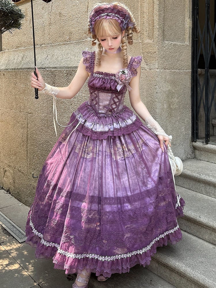 Rock Baskisch + Lila Taille Malerei Klassisches Entbeintes Öl Top Lolita Overlay Print