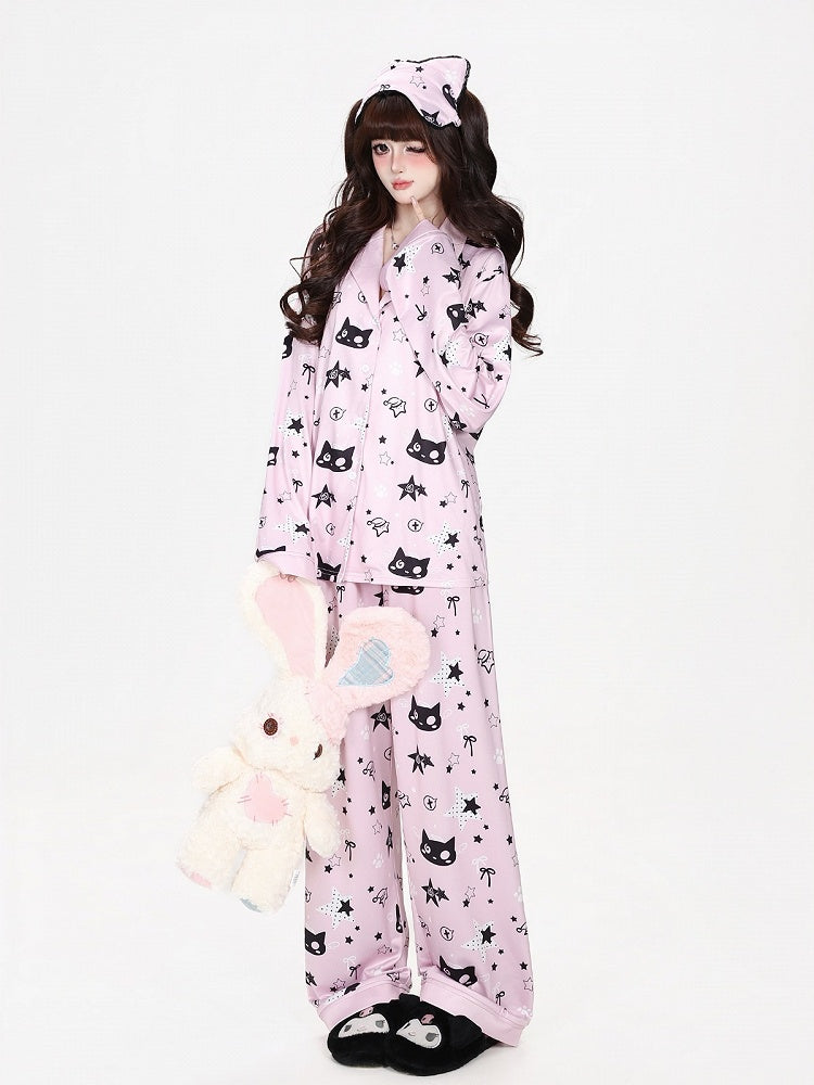 Kawaii Kitty and Star Print Two-Piece Loungewear Set in Pink - CRAZY GIRL