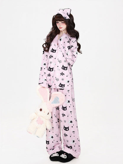 Kawaii Kitty and Star Print Two-Piece Loungewear Set in Pink - CRAZY GIRL