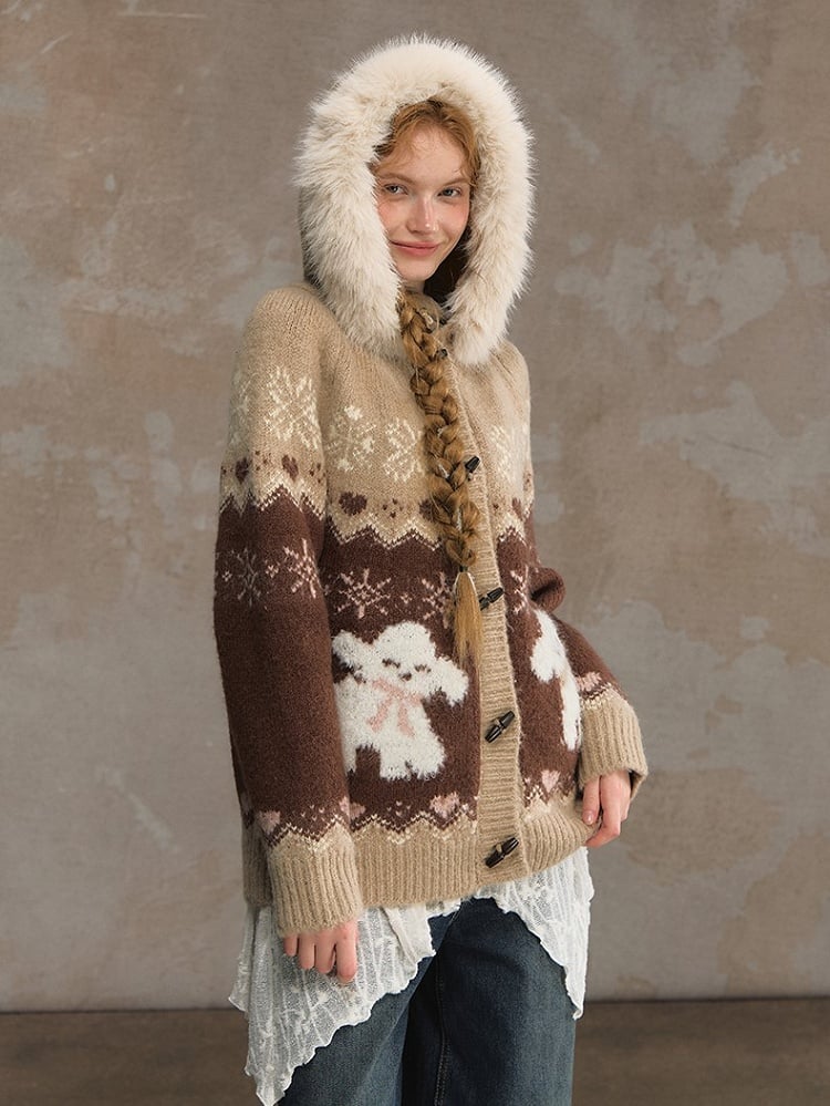 Collar Detachable Mohair Cozy Pink/Brown Fur Hooded Cardigan with Knit