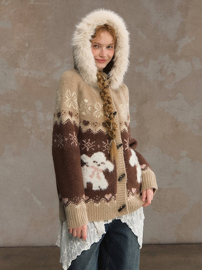 Collar Detachable Mohair Cozy Pink/Brown Fur Hooded Cardigan with Knit