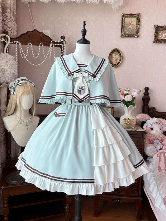 With Hem Cape Sailor Lolita Collar Green Ruffle Dress Light
