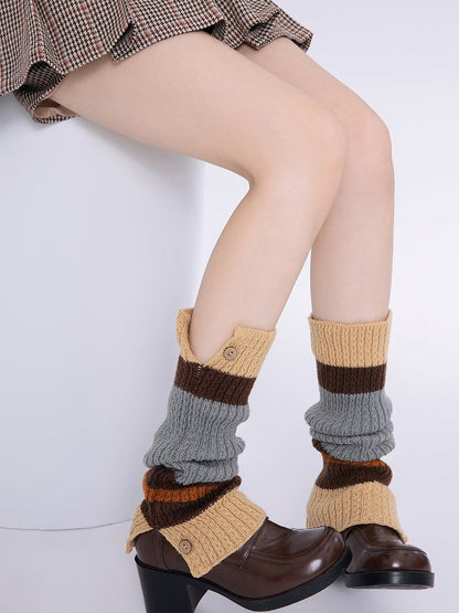 Leg with Design Block Knitted Retro Color Warmers Brown/Off-White Decoration Button
