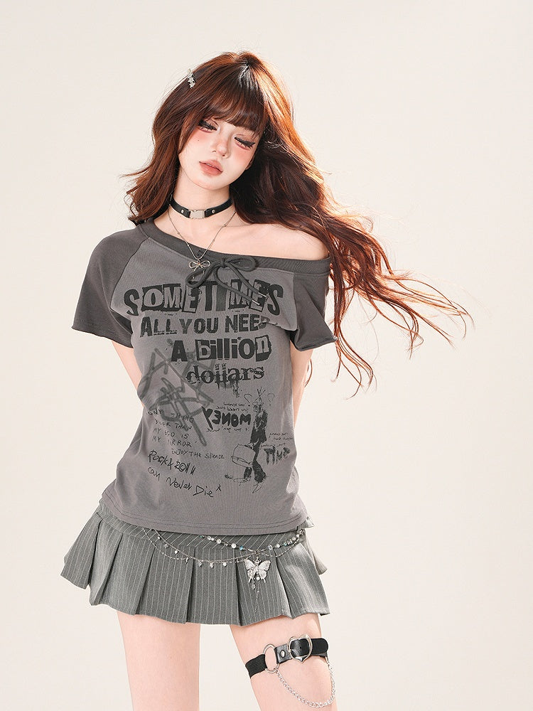 アシンメトリーネックライン レタープリント Tシャツ アプリコット/ダークグレー デザイン カラーブロック