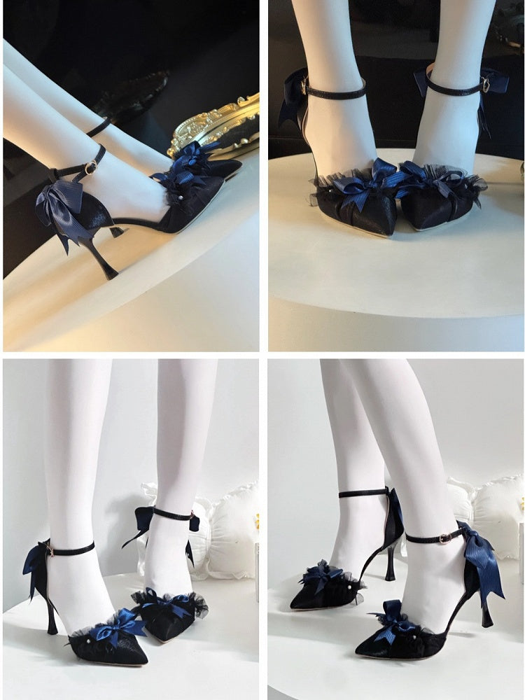 Dark Blue Pointed Toe Lolita Shoes with Butterfly Bow Lace Heel - A Sky Rabbit