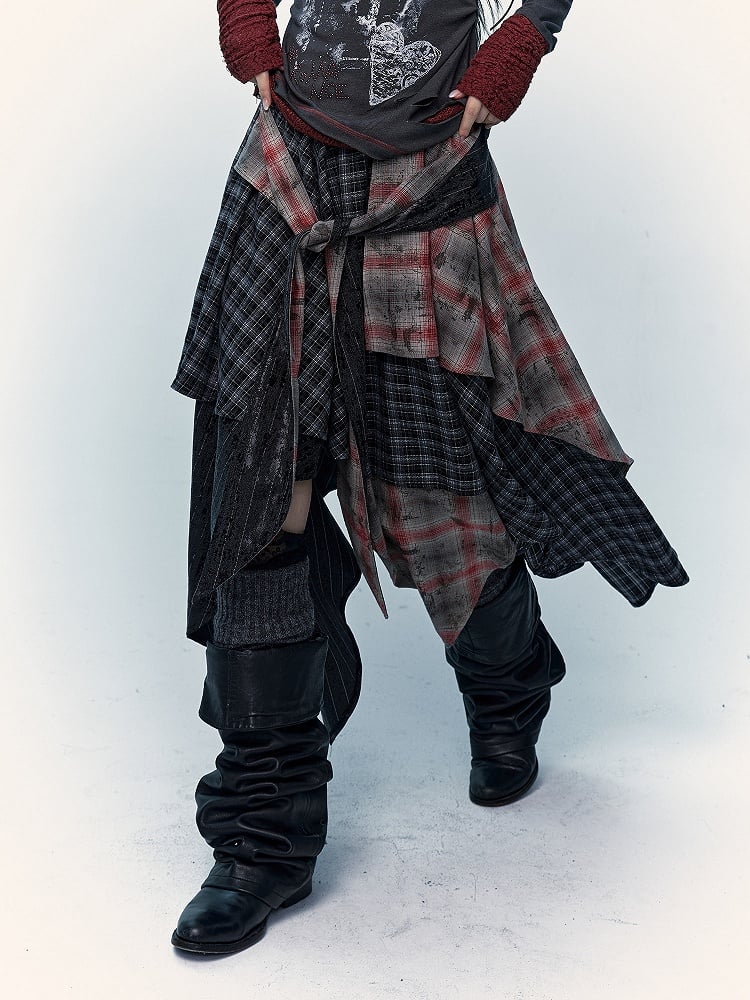 Black and Red Plaid Handkerchief Hem Distressed Skirt