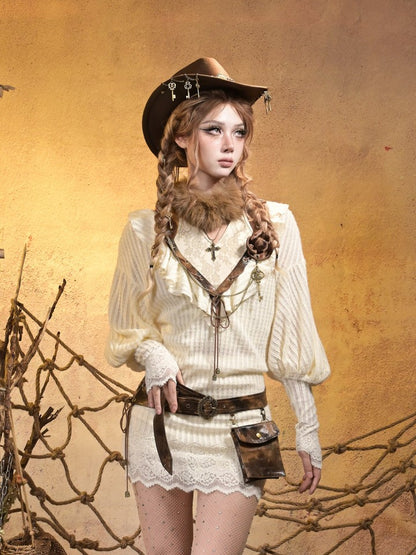 Top Faux Collar Tie Brown Shimmer Floral Punk Fur with Beige Halter