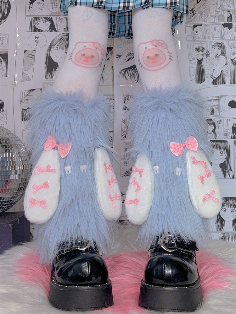 ピンク/ブルーのウサギの耳デザイン Y2K シャギーレッグウォーマー