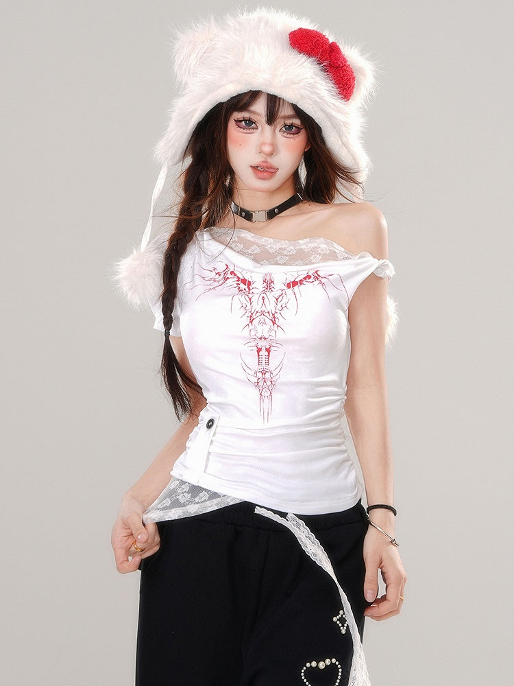 Brown/White Asymmetrical Neckline Ruched Printed Top