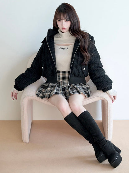 Hooded Fresh Black Jacket Knit Jirai Cable-Knit Kei Pattern