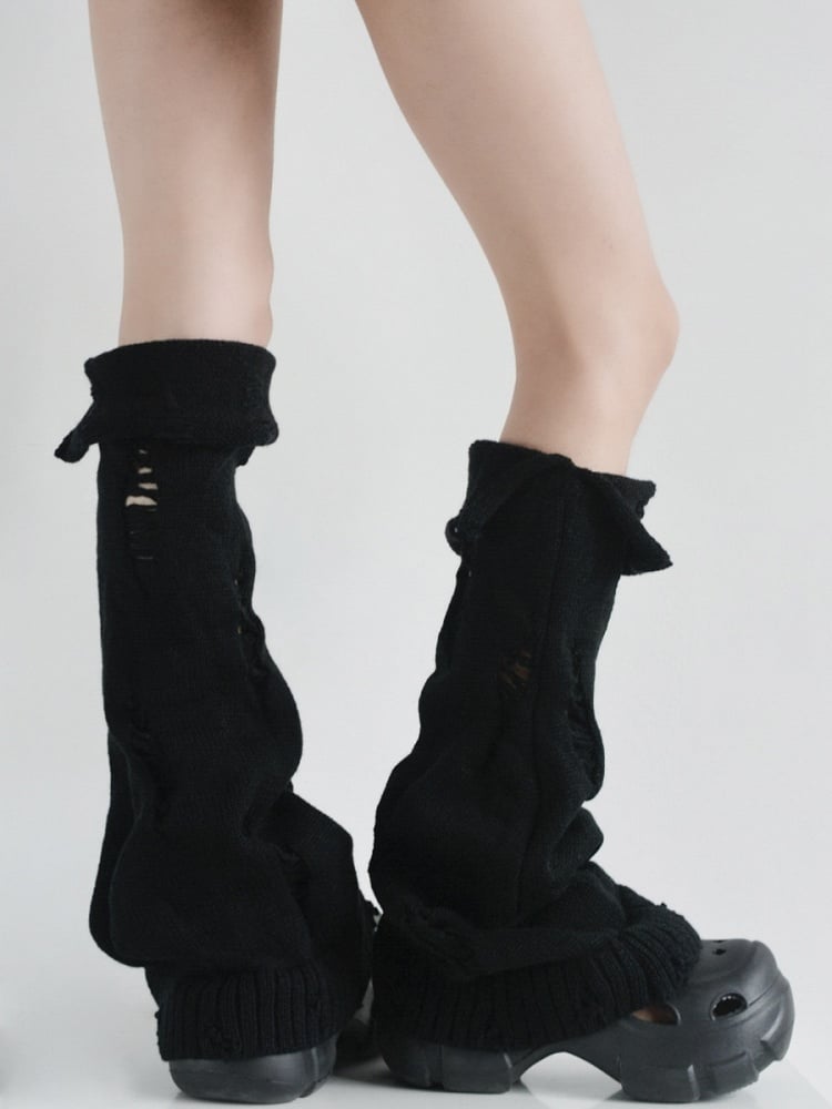 Y2K Knitted Flared Warmers Distressed Black/White/Gray Cuffed Leg