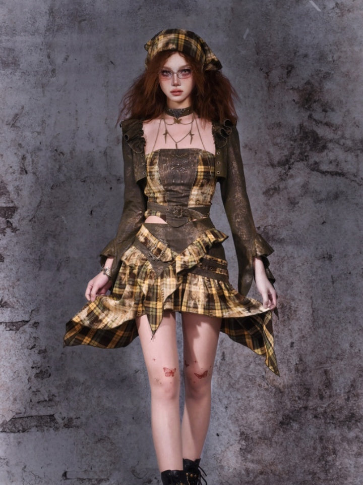 フォレストグリーンのチェック柄ハンカチヘムスカート