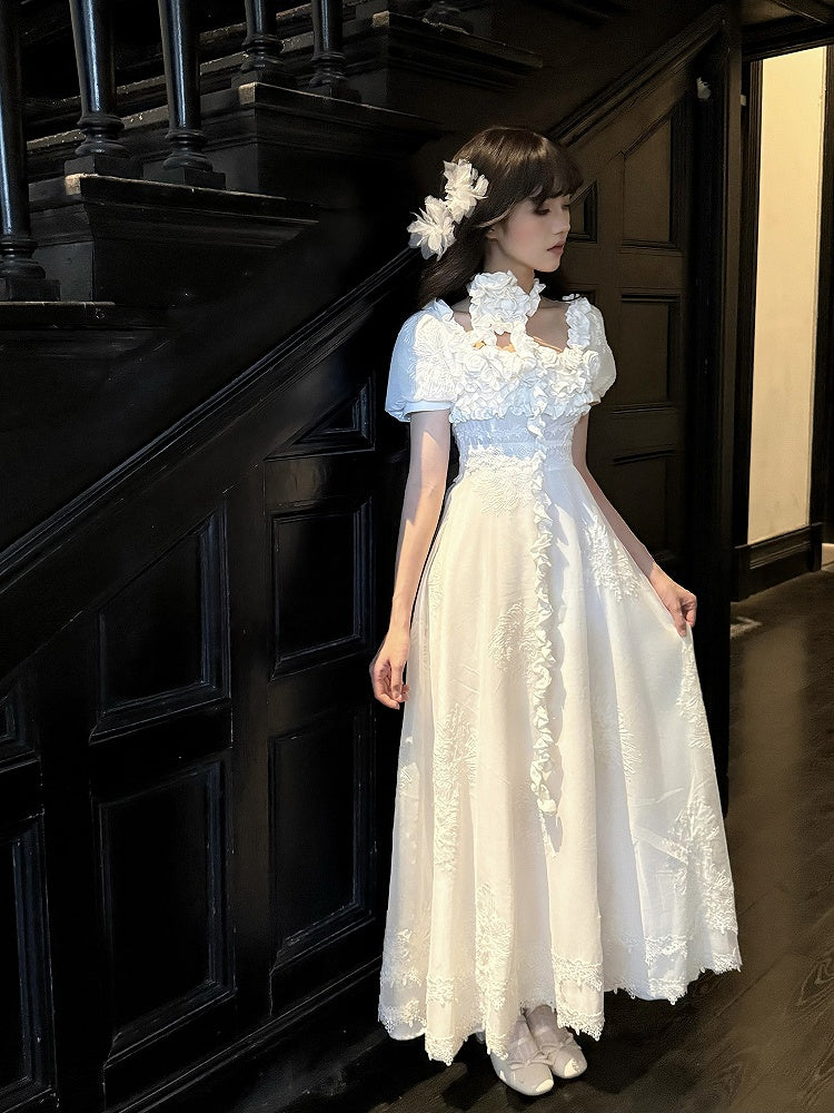 Quadratische verzierte Taille Rosen Elegant Empire Stück Ausschnitt weißes Kleid One Lolita