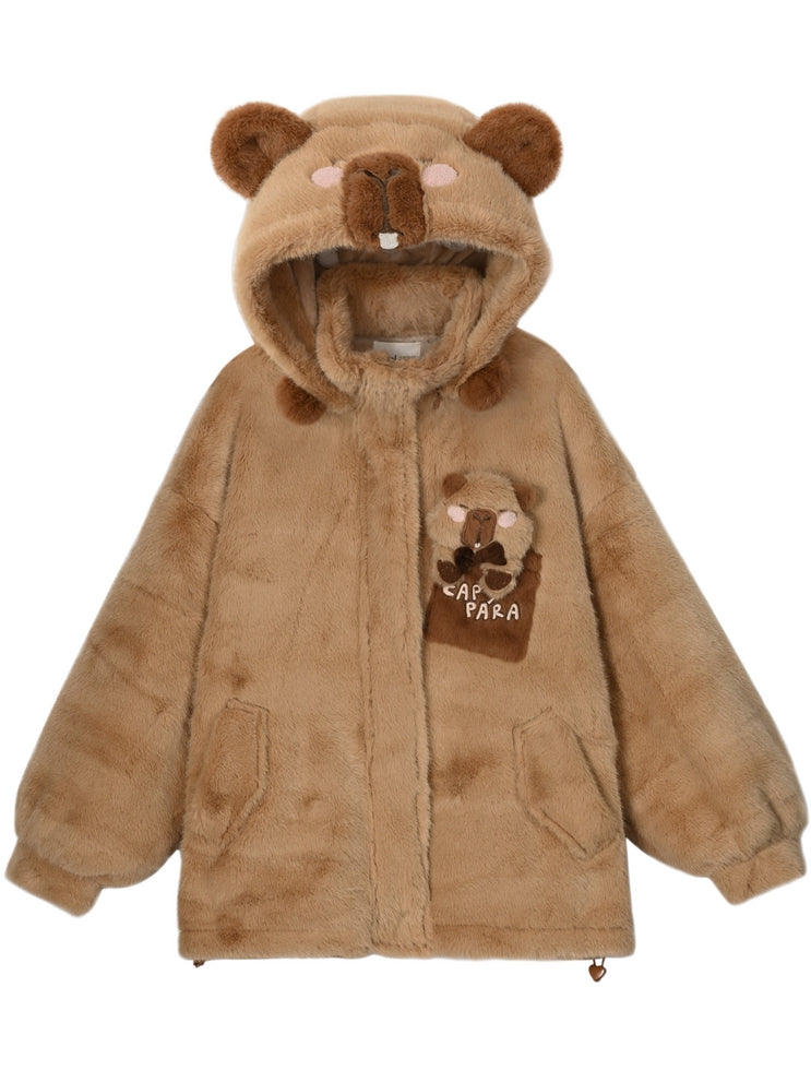 Niedlicher Capybara-verzierter brauner Plüsch-Kapuzenpullover