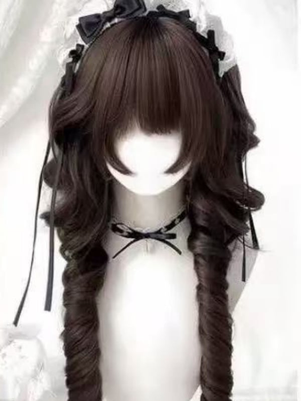 Brown Cut 60CM Hime Full Bangs with Light Curly Wig