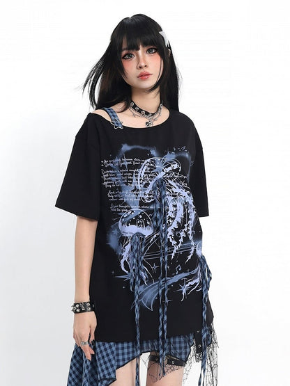 Asymmetrical Tee with Jellyfish Print and Bows - Catwish