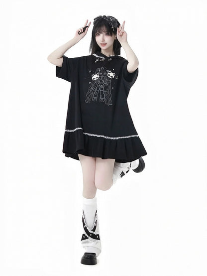 Black Cross Charms Contrast Girl Trim Dress Print Hooded Bittersweet Lace