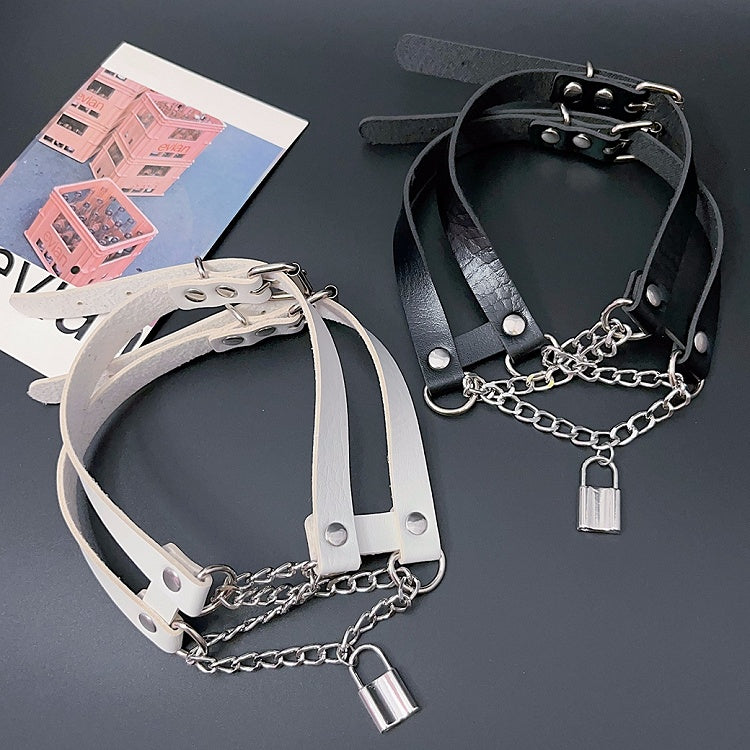 Black/White Lock Detail Y2K Pendant PU Choker Lace-up