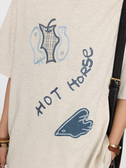 Gray Kawaii T-shirt Patch Details Embroidery Cute