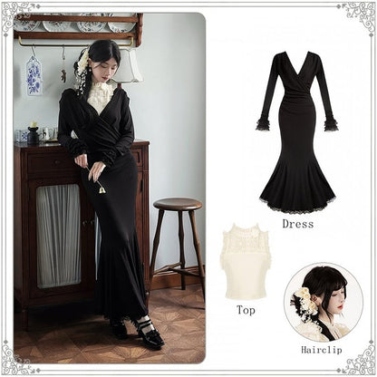 V-Neck Deep + Dress Knit Slim-Fit Sleeveless Flower Hairclip Top Black Beige Mermaid Elegant