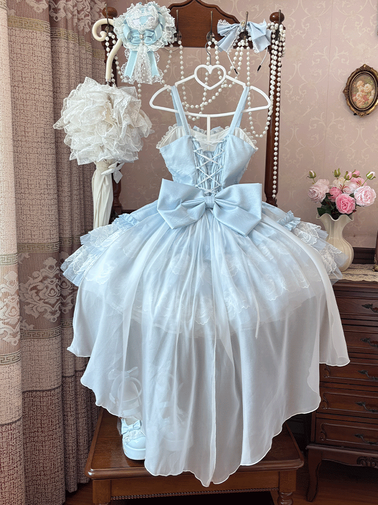 Layered Big Balletcore Lace-up Boned Waist Sweet Lolita Jumper Train Bow Skirt Blue White with Hem Lace and