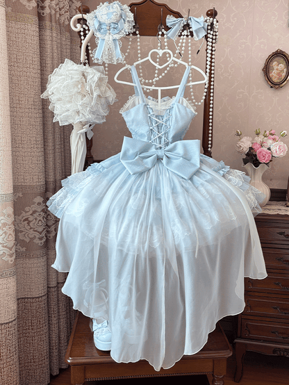 Layered Big Balletcore Lace-up Boned Waist Sweet Lolita Jumper Train Bow Skirt Blue White with Hem Lace and
