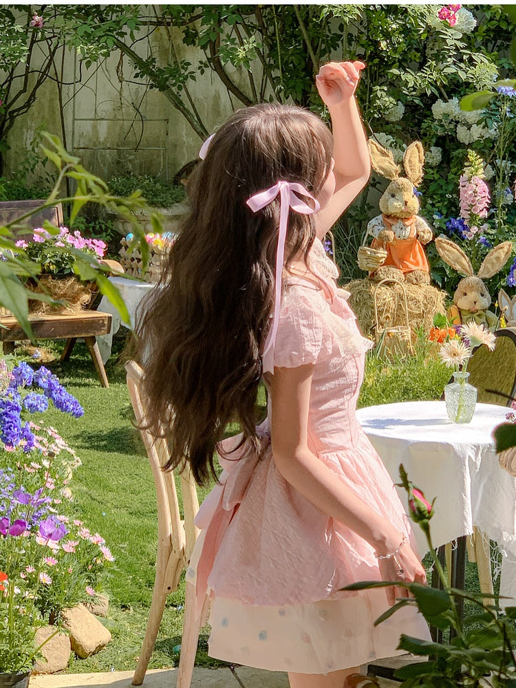 Rosa Bowknot Detail Ausschnitt Stufenrock Saum Süßes Kleid Bunte Polka Dot