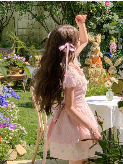 Rosa Bowknot Detail Ausschnitt Stufenrock Saum Süßes Kleid Bunte Polka Dot