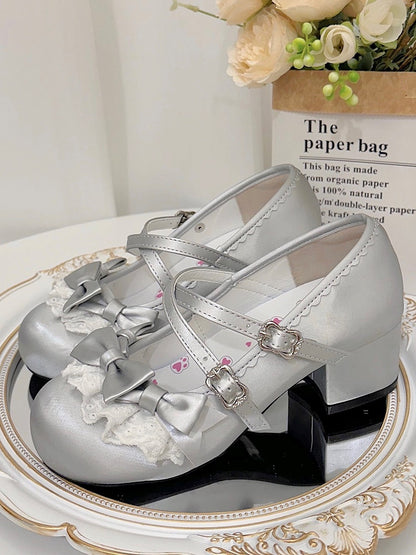 Design Round Toe Elegant Snap Mid Lolita Silver with Heels