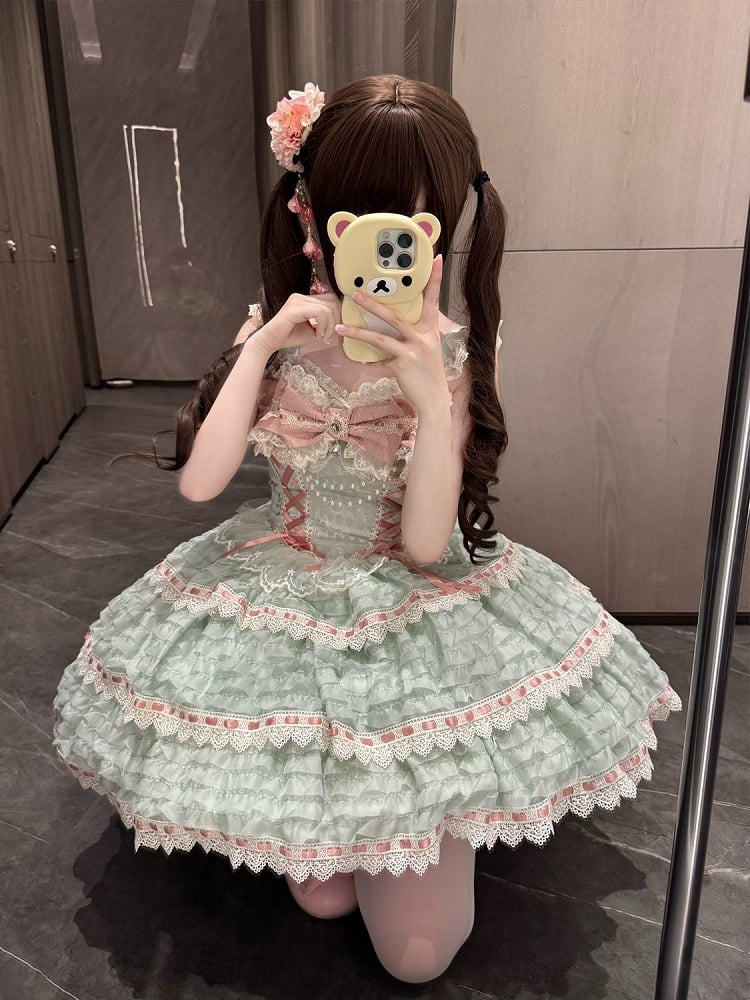 JSK Details with Lace-up Lolita Dress Bow Accent Green Chain Bead