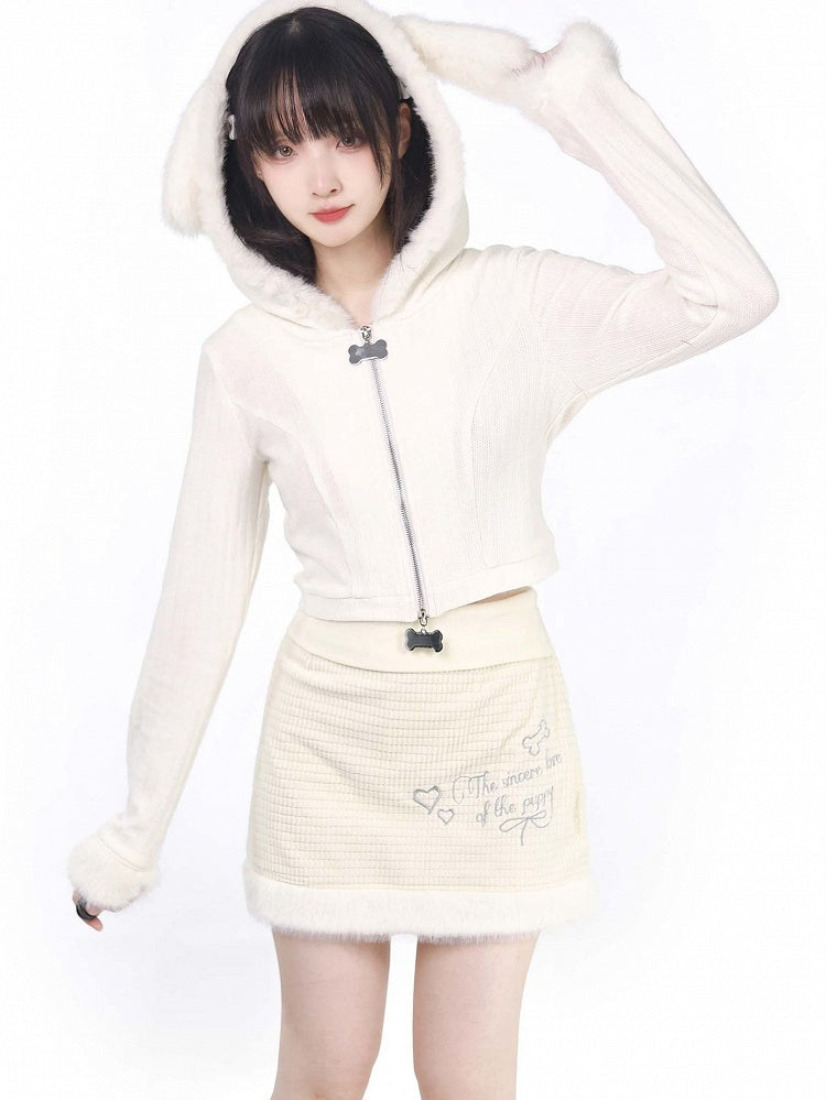 カーディガン パピーイヤー フード付き ホワイト プラッシュ