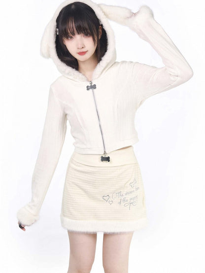 カーディガン パピーイヤー フード付き ホワイト プラッシュ